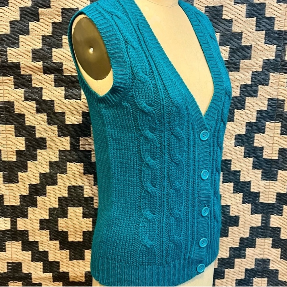 VINTAGE cableknit knit sweater cardigan vest button front teal 70s 80s preppy - Picture 2 of 5